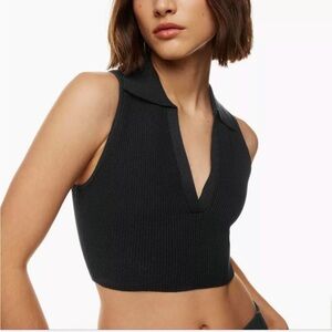 Babaton Black Sculpt Knit Polo Ribbed Crop Top
